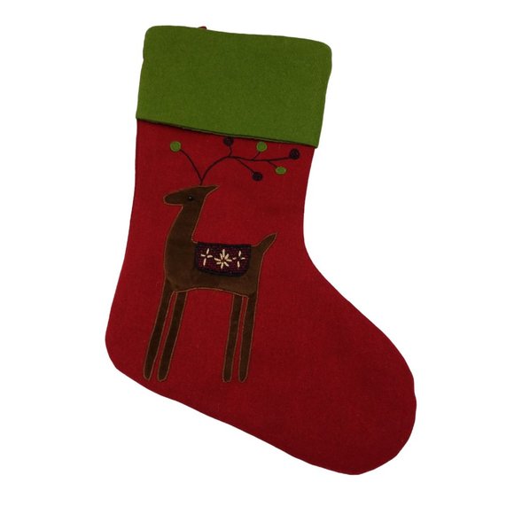 Santa and Reindeer Christmas Stockings Wool Rayon Red Green and White Preowne - Picture 4 of 14